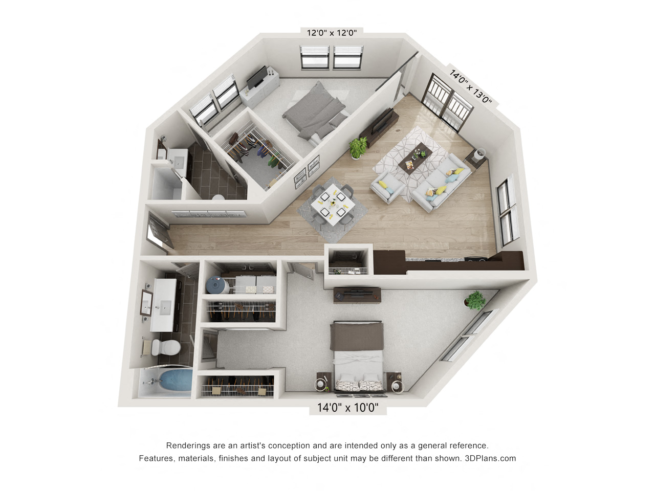Floor plan for 2 beds, 2 baths, 1077 sqft